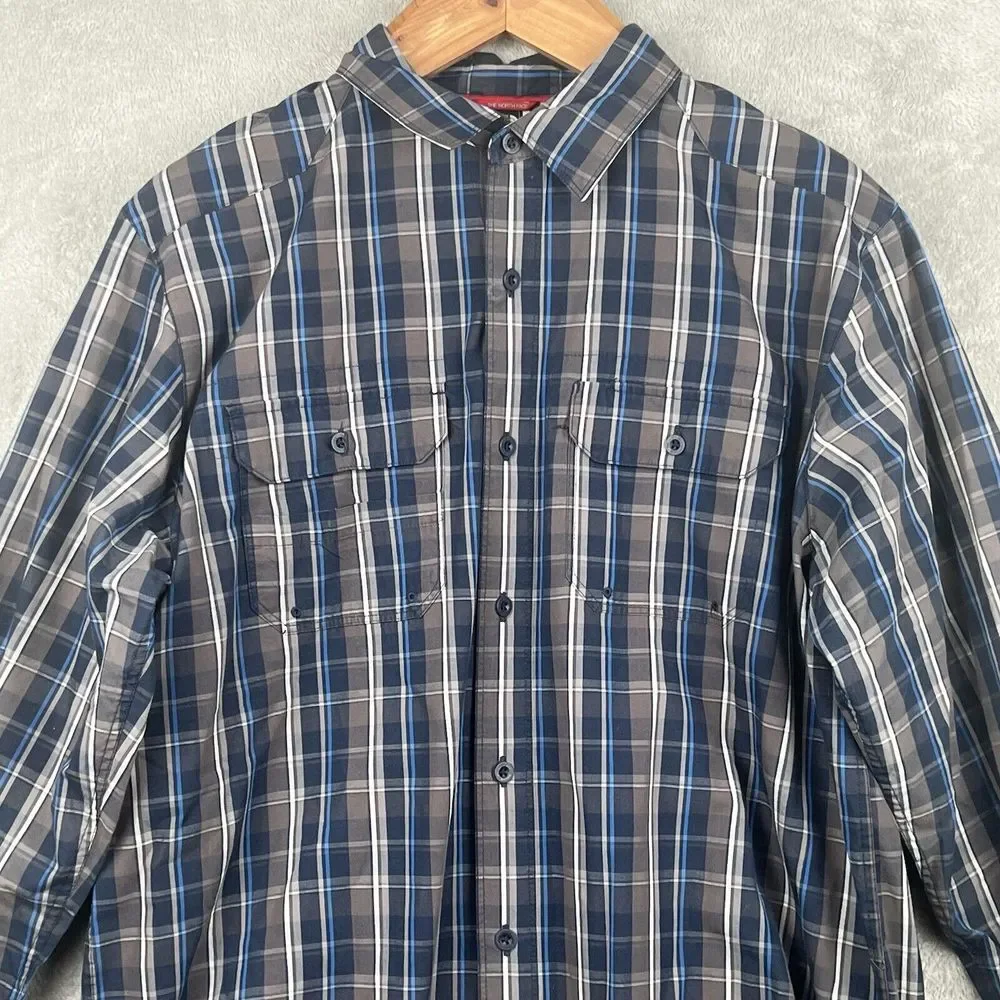 The North Face Button Up Camp Shirt Mens L Blue‎ Gray Plaid Outdoors Casual
